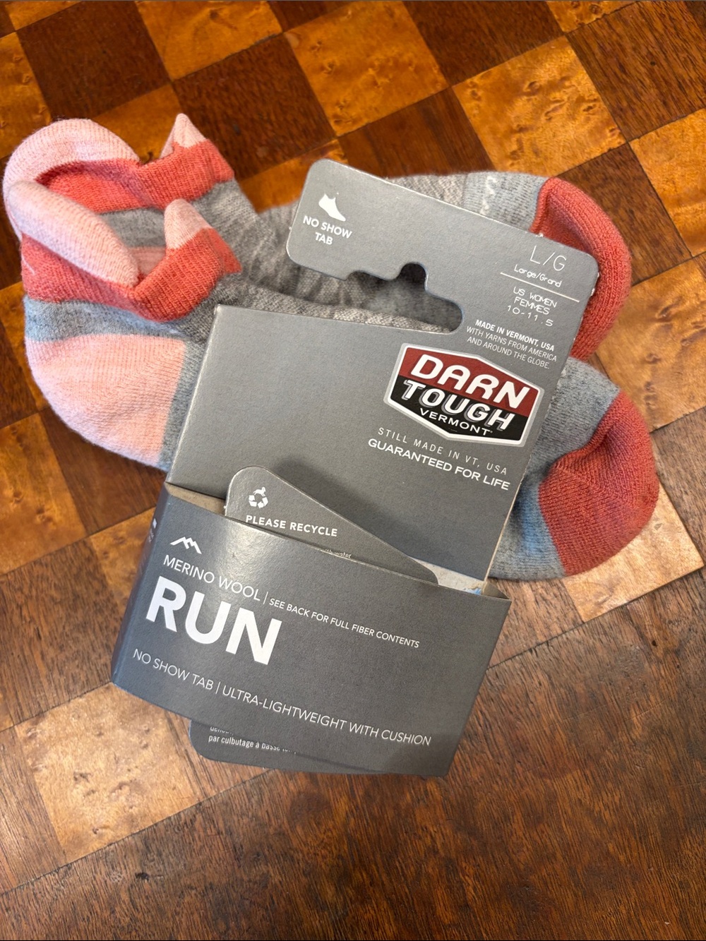 Darn Tough Run No-Show Merino Wool Socks - Pink & Gray. Worn twice washed once.